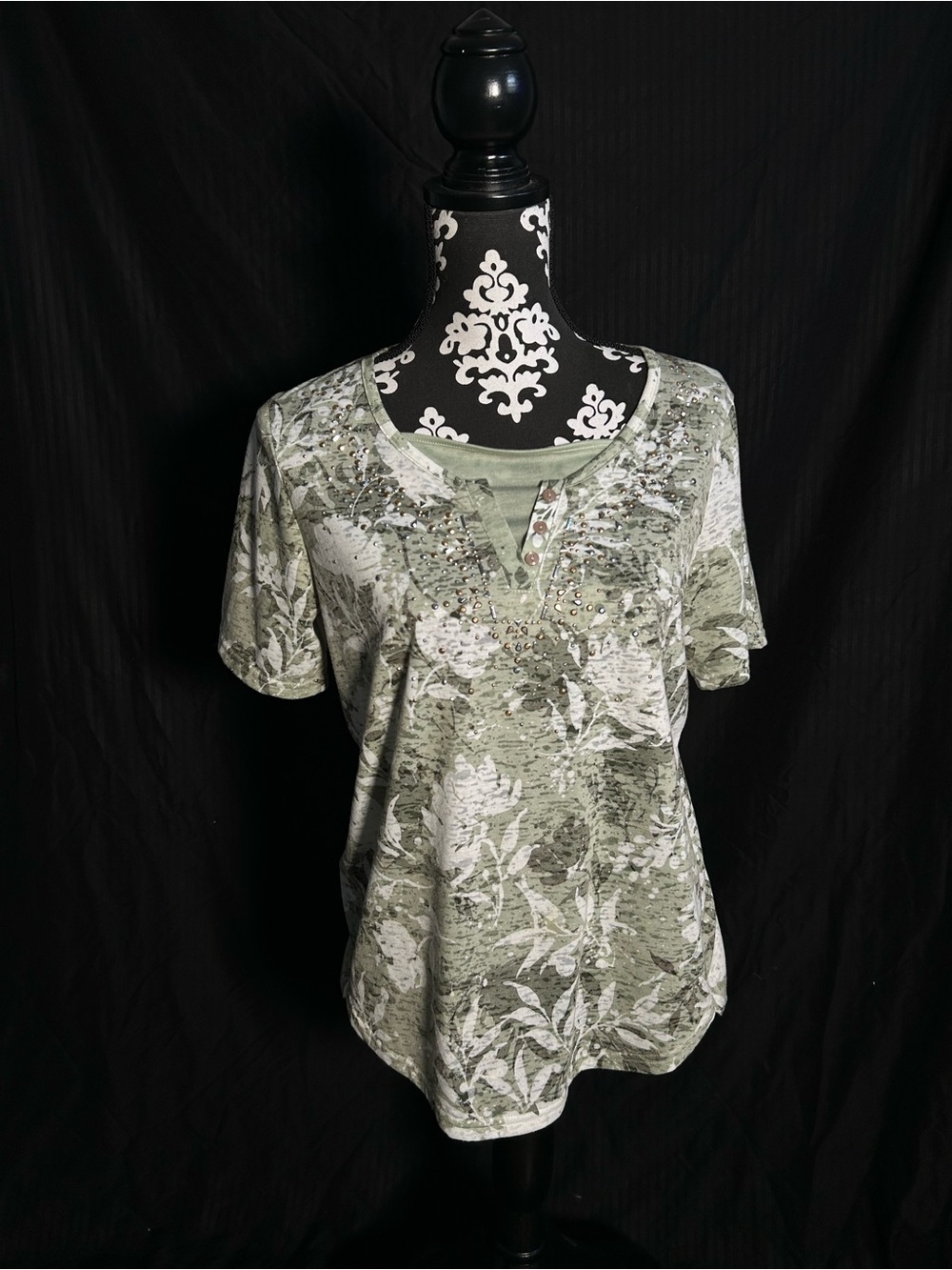 Erika Olive Green and White Floral Short Sleeve Tee with Studded V-Neck